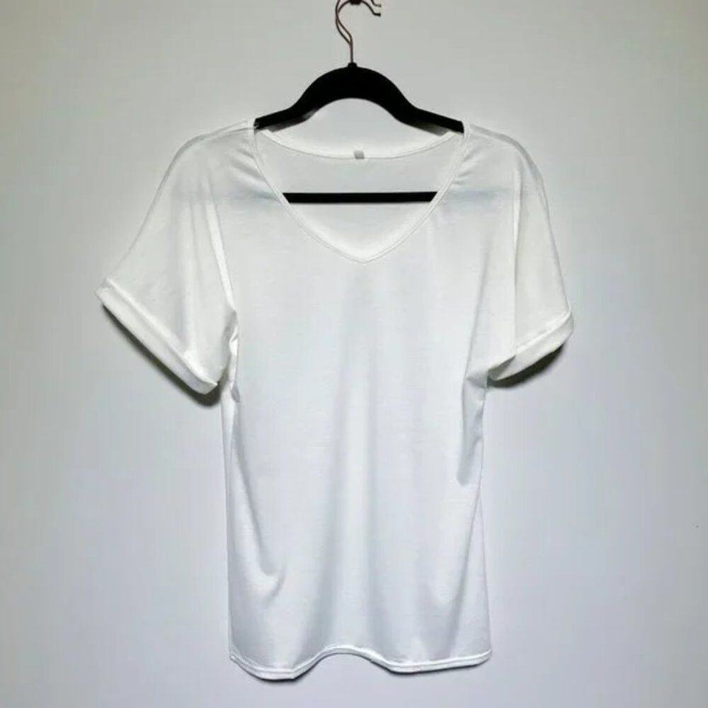 Women's White Wide V-Neck T-Shirt Rolled Short Sleeves Size S